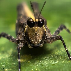 Intensely staring grasshopper on leafy surface