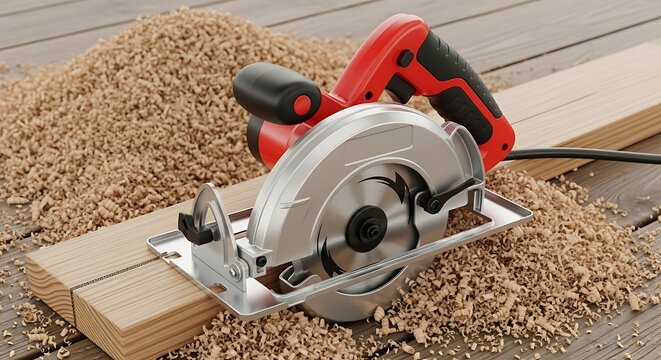 A close-up shot of a red and silver circular saw resting on a wooden plank surrounded by sawdust.