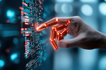 Robotic hand interacts with digital interface, showcasing advanced technology and innovation