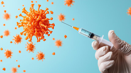 Gloved hand holds syringe aimed at virus model, symbolizing vaccination efforts