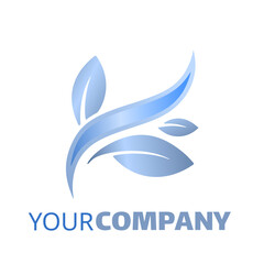 Abstract blue logo featuring stylized leaves and a swoosh design, suggesting growth and movement