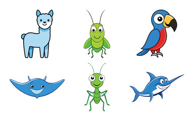 Collection of six cute cartoon animals including a llama, two grasshoppers, a parrot, a stingray, and a shark