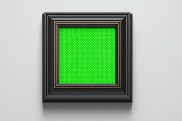 Ornate black picture frame with green screen displays art concept.