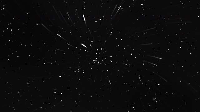 Dark space filled with countless stars, bright streaks radiate outward in a dynamic, spiral-like burst across the void