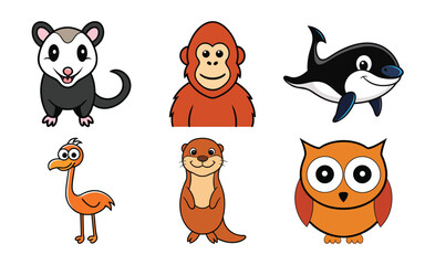 Collection of six cute cartoon animals including an opossum, monkey, orca, flamingo, otter, and owl