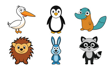 Obraz premium Collection of six cute cartoon animals including a pelican, penguin, platypus, hedgehog, rabbit, and raccoon