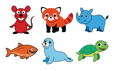Collection of six cute cartoon animals including a mouse, red panda, rhinoceros, fish, seal, and turtle