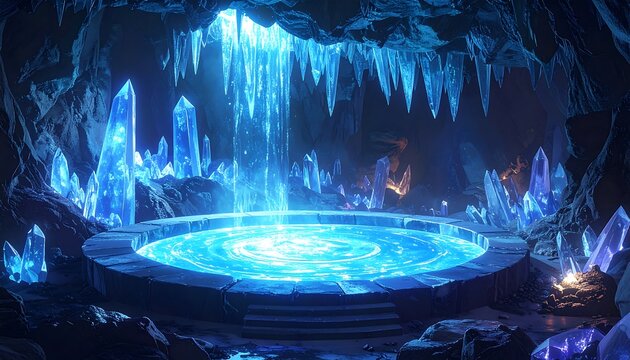 Illuminated cavern with glowing blue pool and crystalline structures
