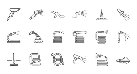 Collection of line art icons illustrating various garden hoses, spray nozzles, and watering equipment for outdoor use.