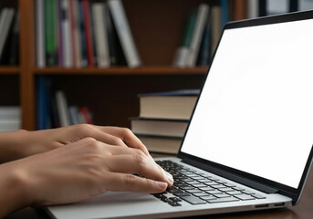 Business person working online or learning using laptop mock up blank white empty screen, hands typing on computer background close up view. Mockup display for ads. Close up view.