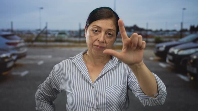 Woman points finger to camera while making a loser hand gesture on a city street; mockery contempt.
