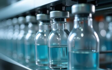 medical vials on production line at clear pharmaceutical factory pharmaceutical machine working pharmaceutical glass bottles production line. High quality