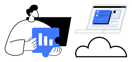 Businessperson holds data puzzle piece near cloud and laptop screen displaying virtual workspace. Ideal for data management, collaboration, cloud computing, analytics, teamwork, online tools