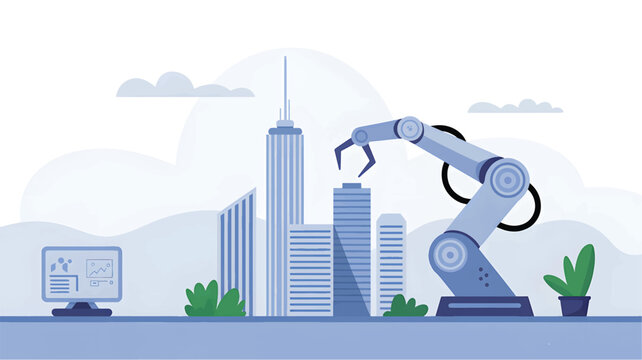 Robotic arm and computer monitor in stylized city robot arm