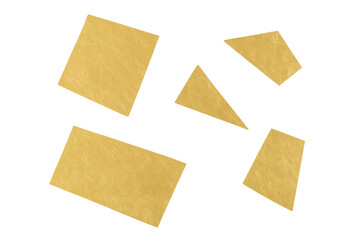 Gold paper cutouts creating abstract geometric shapes with textured metallic surface on transparent background