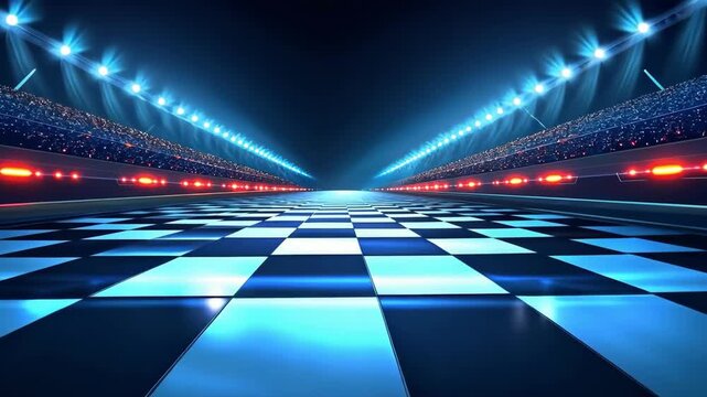 Race track finish line with stadium seating and bright lights at night.