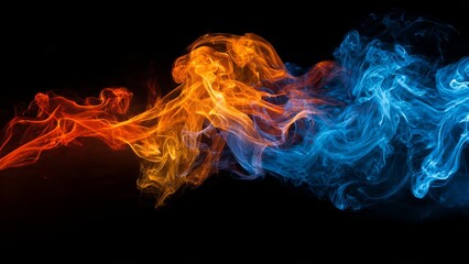 Fototapeta premium Abstract swirling red and blue smoke plumes against a stark black background