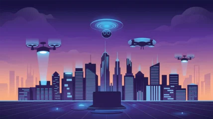 Selbstklebende Fototapeten Violett Futuristic cityscape with drones and glowing lights  © srdesignhouse