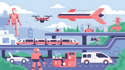 Futuristic city with robots drones and vehicles android