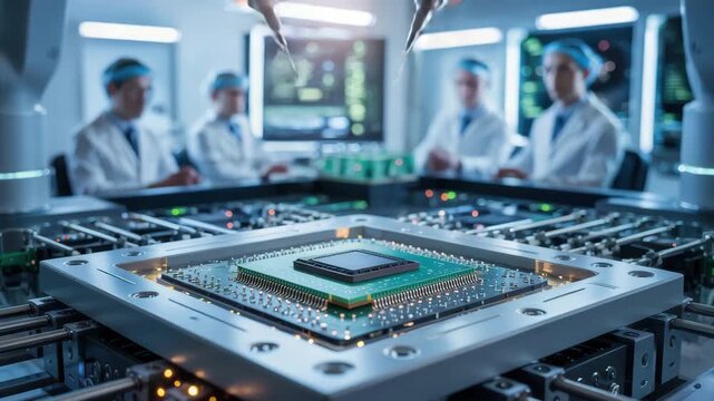 High precision robotic arm assembly of microchip and precision circuit board clean room laboratory by engineer teams mechanical technology industry