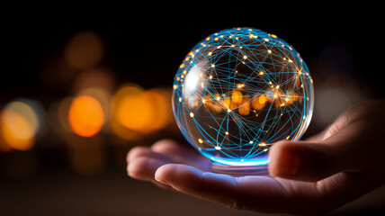 Transparent network sphere in a hand representing global connections cloud communication and secure data sharing
