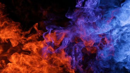 Fototapeta premium Swirling abstract smoke plumes in vibrant orange purple and blue against a dark background