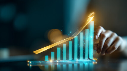 A hand guiding an ascending bar chart with an arrow to depict business growth and performance improvement, symbolizing analytics strategy and measurable success.

