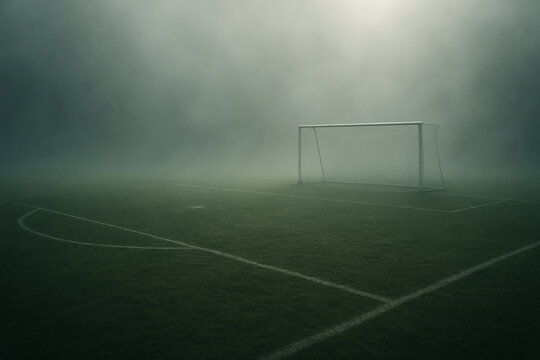 Eerie Empty Soccer Goal in Dense Fog