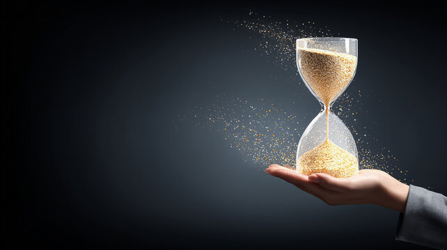A hand holding an hourglass with flowing sand to symbolize time management and urgency, illustrating deadlines priorities and the value of focused productivity.
