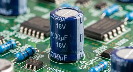 基板に取り付けられた電解コンデンサのクローズアップ写真