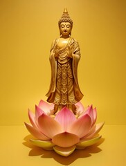 Fototapeta premium Buddha statue water lotus Buddha standing on lotus flower on soft yellow background.