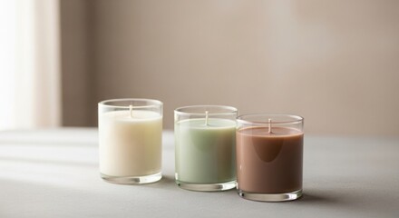Minimal arrangement of pastel-colored scented candles in glass jars on neutral background.