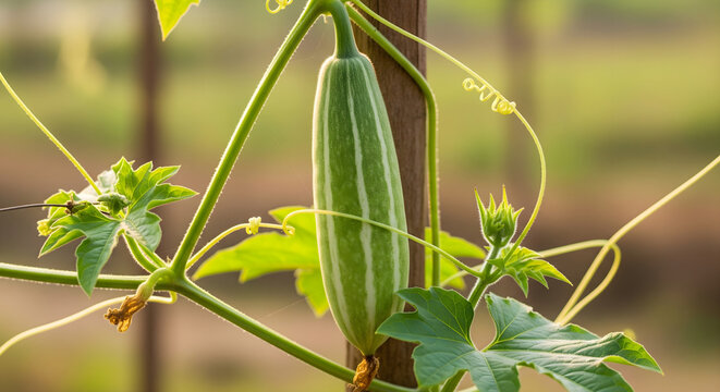 Young Snake Gourd Growing on Vine in Tropical Garden