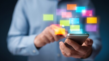 Person using smartphone with digital icons