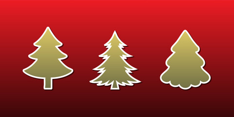 Fototapeta premium Set of Gold Christmas Tree Icons on Red Gradient Background – Festive Holiday Illustration. This elegant composition is ideal for design projects focused on Christmas themes, and holiday messages. 