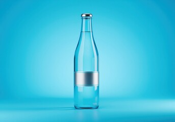 Sleek glass bottle of pure spring water with blank silver label on vibrant blue background