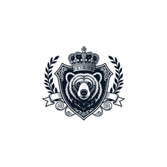 Obraz premium Regal bear head centered on a medieval-style shield, topped with an ornate royal crown and framed by laurel wreaths and a flowing banner vector illustrations