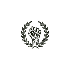 A clenched skeleton fist raising up in a powerful gesture, enclosed within a classic laurel wreath vector illustration