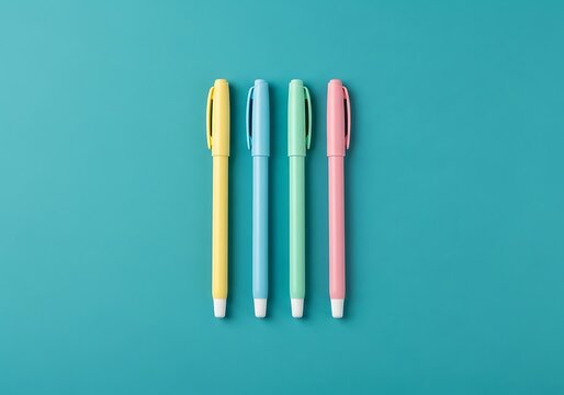 Four pastel colored pens lined up on a teal background - Powered by Adobe