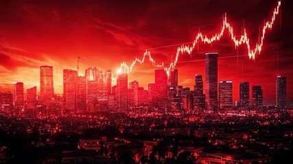 Dramatic red cityscape with a falling stock market graph overlay. Economic crisis.