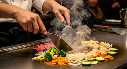 Dynamic Teppanyaki Chef Cooking Sizzling Meat, Seafood, and Fresh Vegetables on a Hibachi Grill with Dramatic