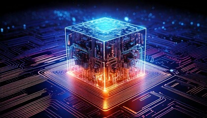 Transparent Quantum Processor Cube &mdash; Glowing Futuristic AI Core on Neon Circuit Board.