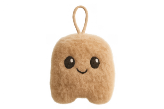 Cute fluffy beige plush toy smiling, showing a kawaii character keychain, perfect for kids and happiness concepts