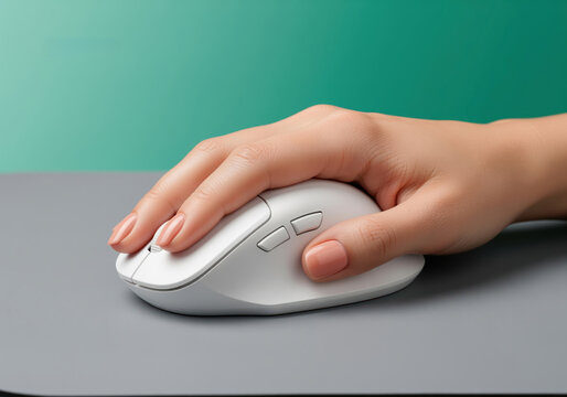 Close up of female hand operating white ergonomic wireless computer mouse on gray desk.