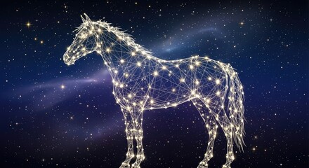 Majestic Horse Constellation Glowing in a Starry Night Sky, Celestial Equine Outline Made of Sparkling Golden Stars and Connecting Lines in the Cosmic Universe