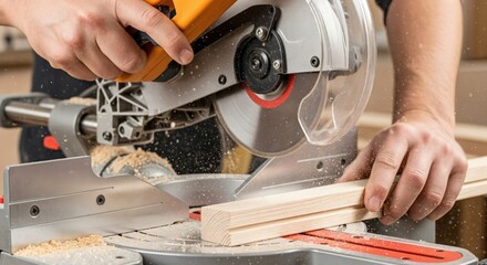 Close-up of a male carpenter's hands operating a miter saw to precisely cut wooden planks, creating sawdust in a workshop environment.