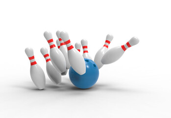 bowling pin and ball break angle view with shadow 3d render