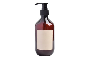 Amber bottle with dispenser pump for soap, shampoo or lotion on white background