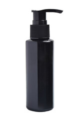Black bottle with batcher pump for gel, soap, shower gel, lotion, shampoo, on white background.