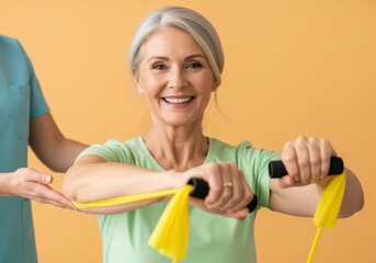 Confident older woman smiling while performing arm exercises with resistance band during physical therapy